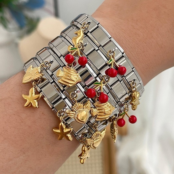 Silver Charm Bracelet with Gold Seahorse and Red Cherry - Picture 5 of 7